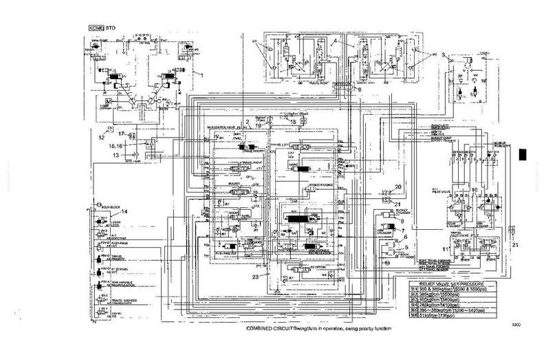 May include: A technical engineering schematic diagram titled COMBINED CIRCUIT: Swing/Arm in operation, swing priority function. The black and white document displays complex hydraulic lines, numbered components, and a relief valve pressure table.