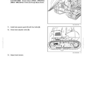 May include: Diagram of track and track suspension components, including a master link shoe, tube spacer guard, and track adjuster valve. Instructions detail bolt torque specifications in foot-pounds.