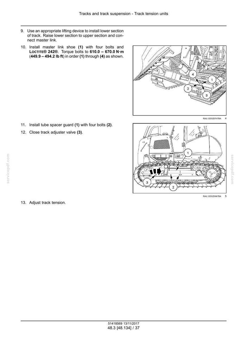 May include: Diagram of track and track suspension components, including a master link shoe, tube spacer guard, and track adjuster valve. Instructions detail bolt torque specifications in foot-pounds.