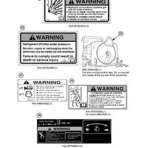 May include: A page from a manual with safety warning labels. The labels warn about hydraulic accumulators, refrigerants, and loss of control. Other labels show shift patterns and instructions for starting the engine.