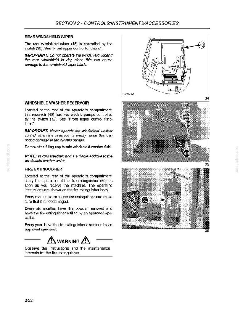 May include: Manual page showing vehicle controls and accessories. Diagrams illustrate a rear windscreen wiper, windscreen washer reservoir, and fire extinguisher. Text provides instructions and safety warnings.