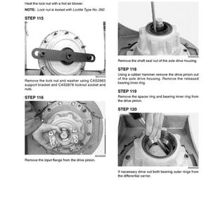 May include: A detailed diagram illustrating the disassembly of a drive pinion, with step-by-step instructions and accompanying images. The text includes notes on specific tools and procedures for automotive repair.