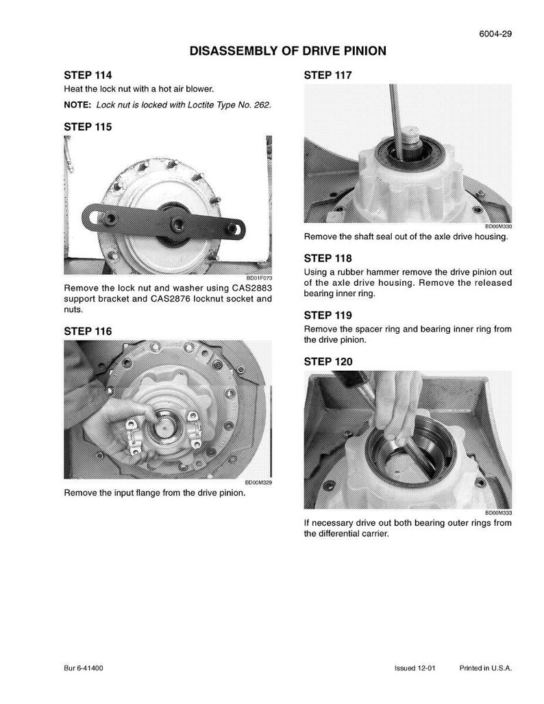 May include: A detailed diagram illustrating the disassembly of a drive pinion, with step-by-step instructions and accompanying images. The text includes notes on specific tools and procedures for automotive repair.