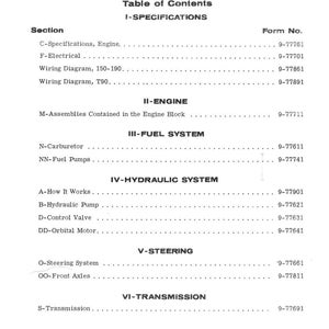 May include: A printed table of contents for a CASE 150, 190, and T90 compact tractor manual. The document lists various sections, including specifications, engine components, fuel systems, hydraulic systems, steering, and transmission details, with corresponding form numbers.