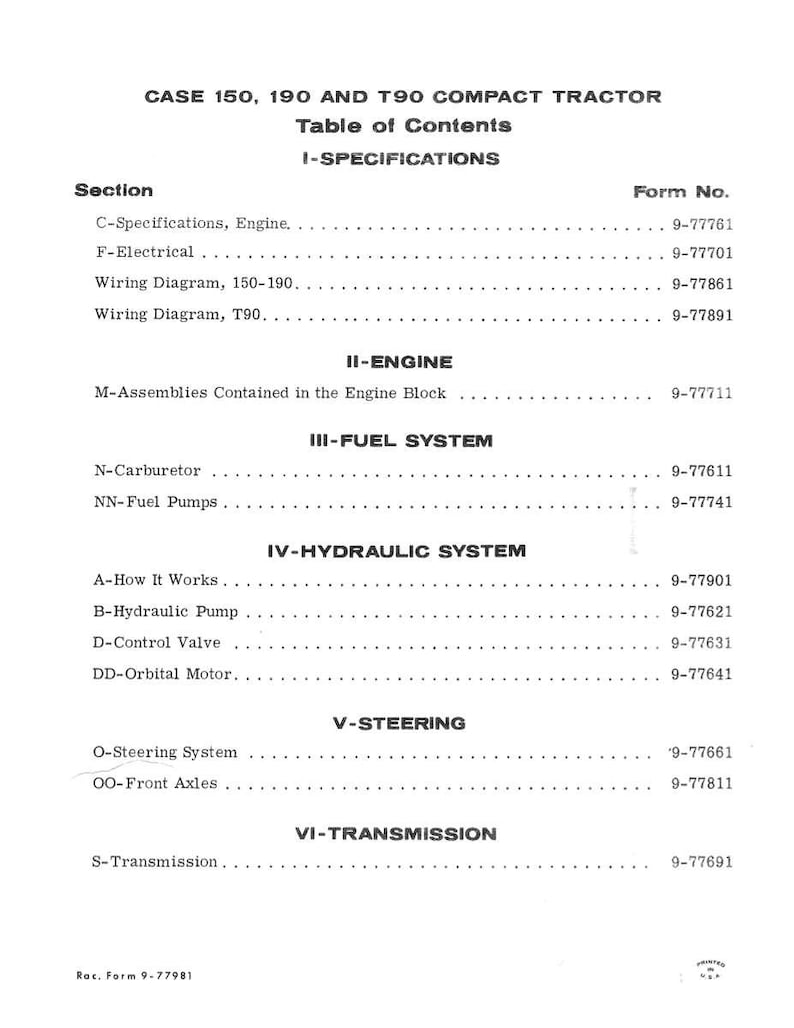 May include: A printed table of contents for a CASE 150, 190, and T90 compact tractor manual. The document lists various sections, including specifications, engine components, fuel systems, hydraulic systems, steering, and transmission details, with corresponding form numbers.
