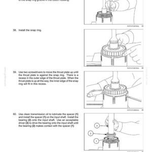 May include: Diagrams illustrating the internal components of a power shuttle transmission. The images show steps for assembly, including installing a snap ring and lubricating parts. Text instructions accompany each step.