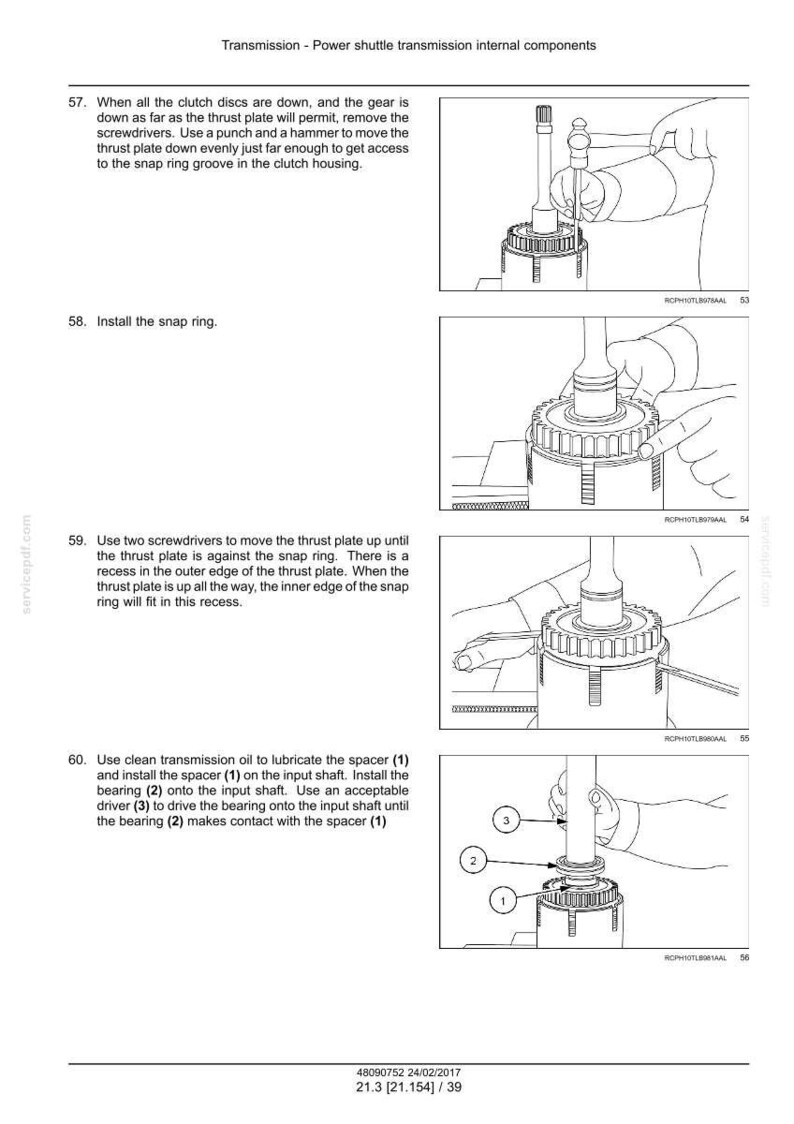 May include: Diagrams illustrating the internal components of a power shuttle transmission. The images show steps for assembly, including installing a snap ring and lubricating parts. Text instructions accompany each step.