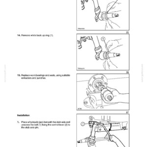 May include: A technical manual page titled Section 44 - Front Axle and Wheels (2WD) - Chapter 1. It features four black and white line drawings illustrating mechanical procedures, including removing a wheel bearing seal, a back up ring, and using tools.