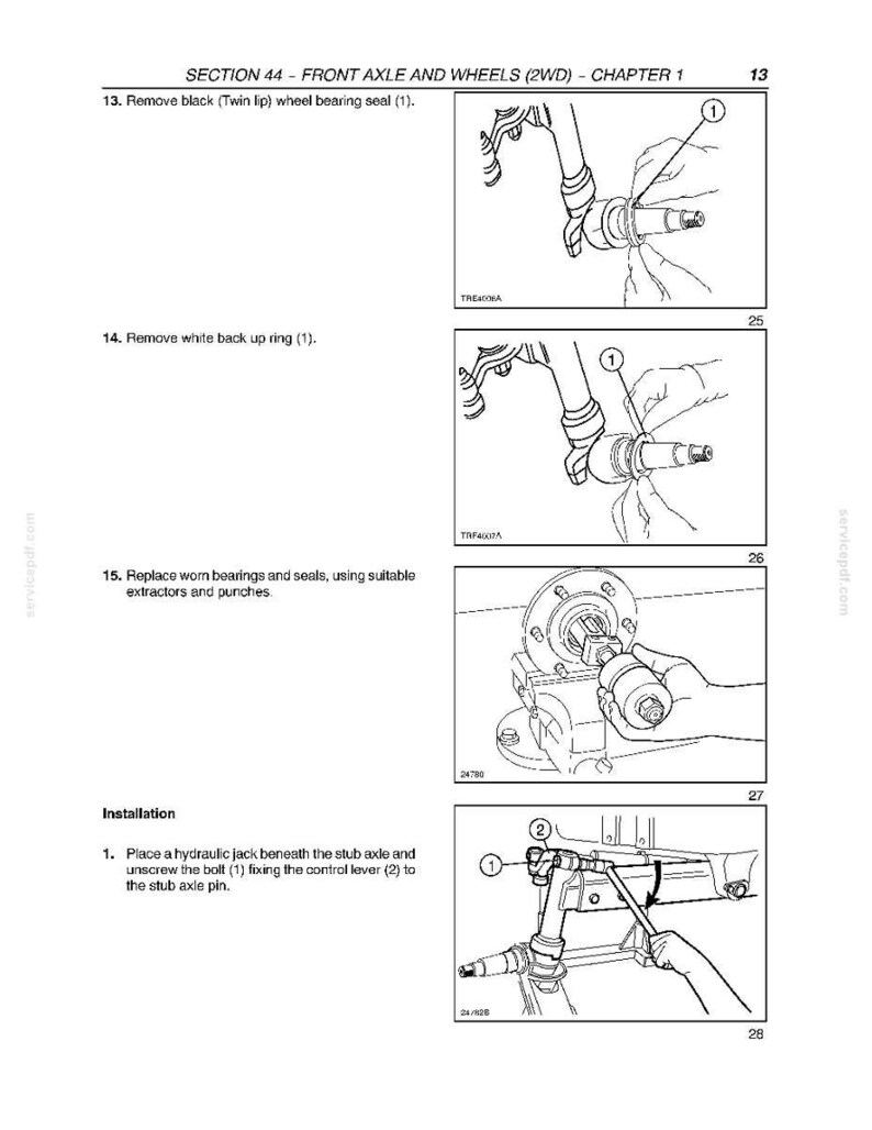 May include: A technical manual page titled Section 44 - Front Axle and Wheels (2WD) - Chapter 1. It features four black and white line drawings illustrating mechanical procedures, including removing a wheel bearing seal, a back up ring, and using tools.