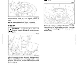 Peut inclure: Diagramme technique avec instructions de r&eacute;paration automobile. Comprend des &eacute;tapes pour l'installation des cuvettes de roulement, avec des avertissements concernant les engelures. Le texte comprend "Toujours porter des gants pour &eacute;viter les engelures".