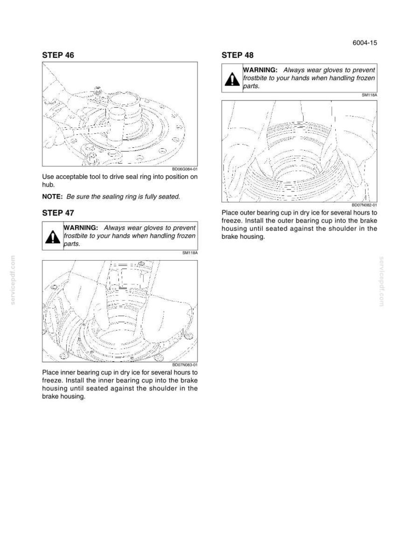 Peut inclure: Diagramme technique avec instructions de r&eacute;paration automobile. Comprend des &eacute;tapes pour l'installation des cuvettes de roulement, avec des avertissements concernant les engelures. Le texte comprend "Toujours porter des gants pour &eacute;viter les engelures".