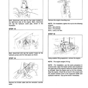 May include: Technical diagram with step-by-step instructions for engine maintenance. Includes illustrations of fuel pipes, hydraulic pumps, and engine components. Text provides detailed guidance on removal and installation procedures.