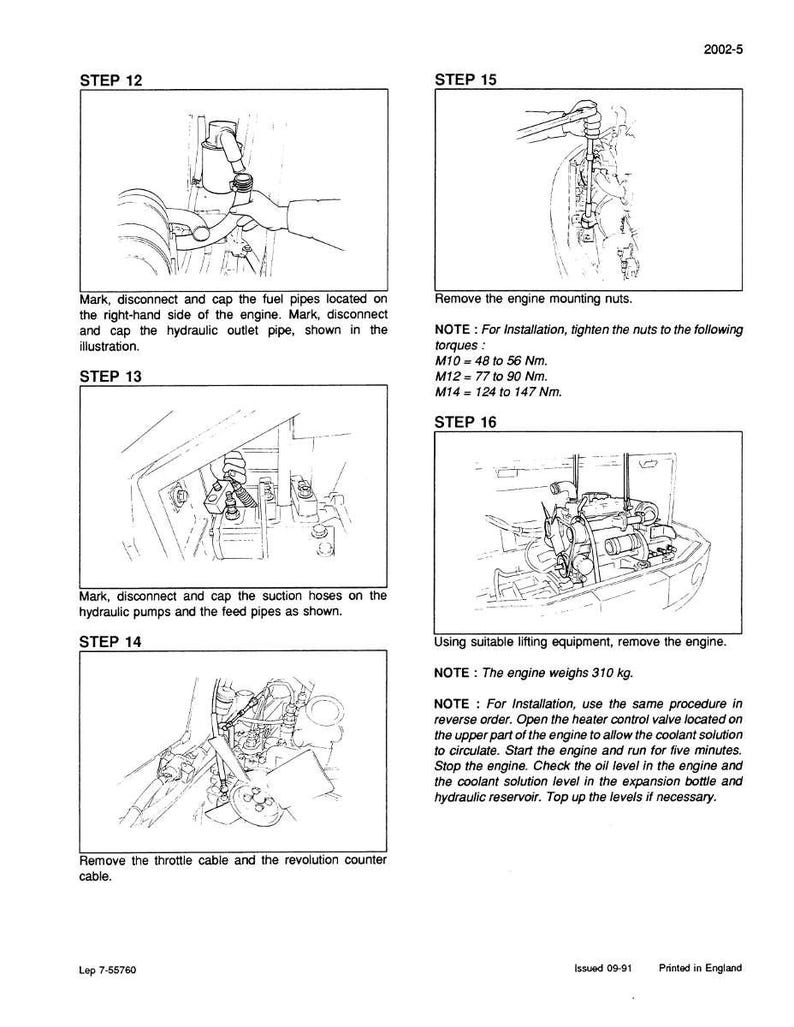 May include: Technical diagram with step-by-step instructions for engine maintenance. Includes illustrations of fuel pipes, hydraulic pumps, and engine components. Text provides detailed guidance on removal and installation procedures.