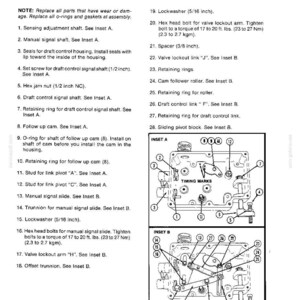 May include: Diagram of a draft control housing and linkage assembly, with detailed parts labeled and numbered. Includes insets A and B, showing internal components and timing marks. Text provides instructions for assembly and replacement of parts.