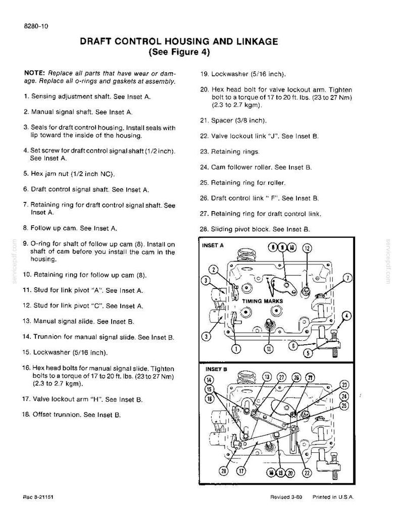 May include: Diagram of a draft control housing and linkage assembly, with detailed parts labeled and numbered. Includes insets A and B, showing internal components and timing marks. Text provides instructions for assembly and replacement of parts.