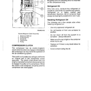 May include: Diagram of an electro-magnetic clutch assembly, detailing components like the stationary field coil, pulley bearing, and driveshaft. Includes text on refrigerant oil and handling procedures for automotive air conditioning systems.