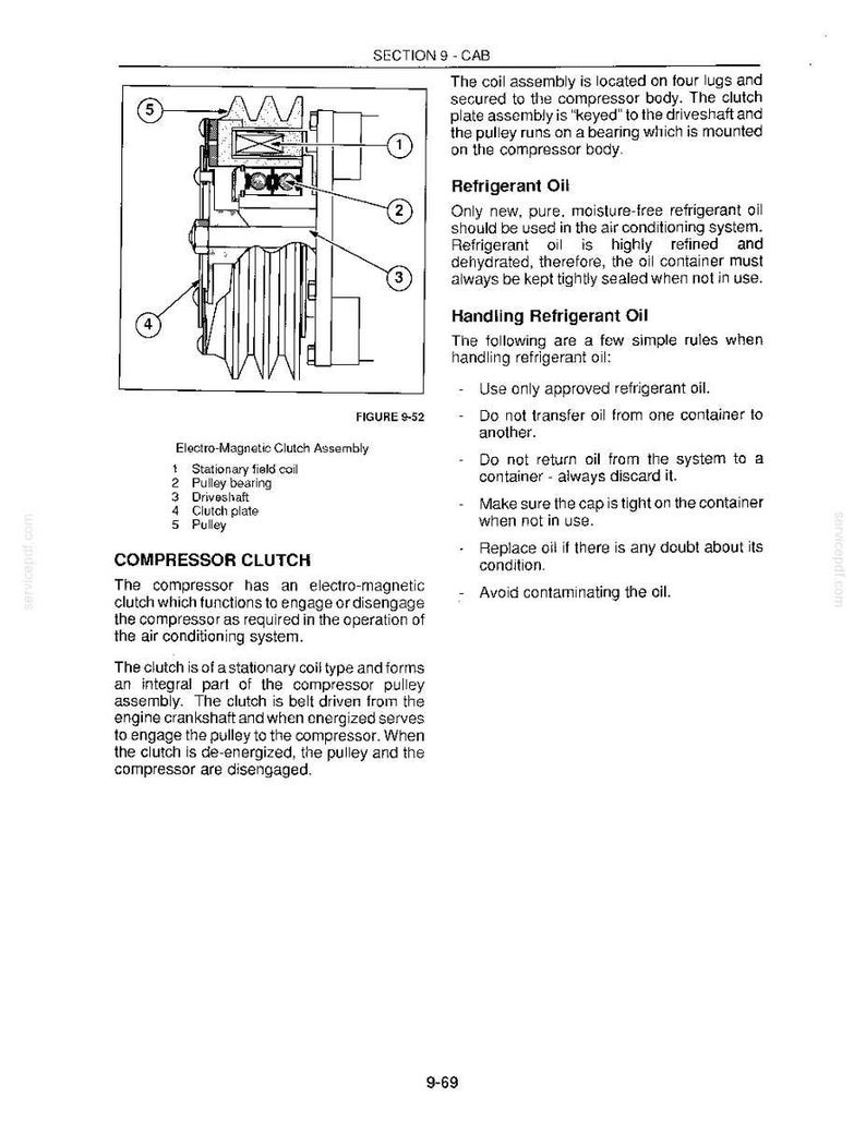 May include: Diagram of an electro-magnetic clutch assembly, detailing components like the stationary field coil, pulley bearing, and driveshaft. Includes text on refrigerant oil and handling procedures for automotive air conditioning systems.
