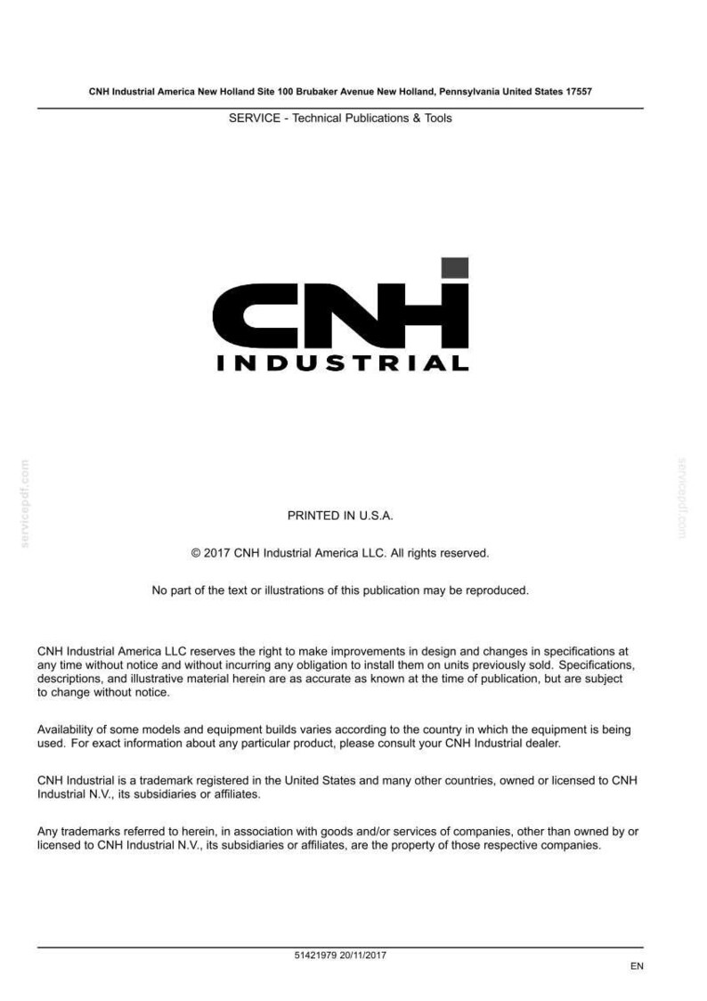 K&ouml;nnte beinhalten: Wei&szlig;es Dokument mit dem schwarzen CNH Industrial Logo. Der Text enth&auml;lt "SERVICE - Technical Publications & Tools" und Copyright-Informationen f&uuml;r CNH Industrial America LLC.