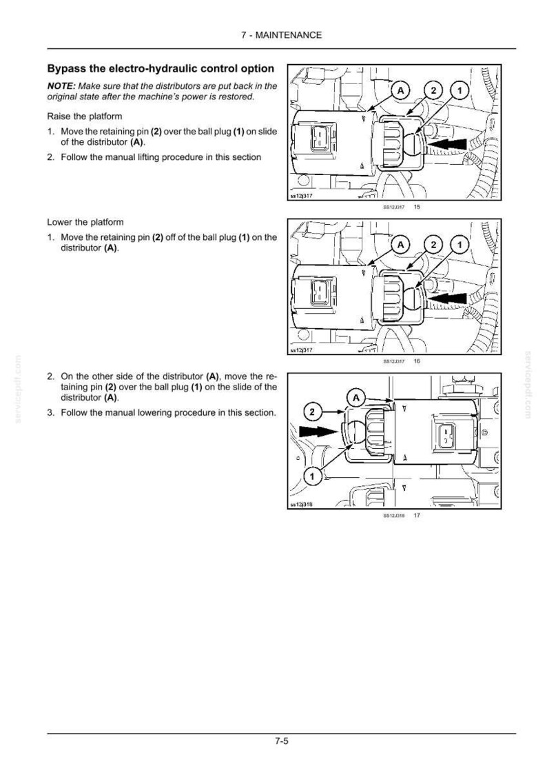 Puede incluir: Diagrama que ilustra las instrucciones de mantenimiento. Muestra los pasos para evitar la opci&oacute;n de control electrohidr&aacute;ulico, incluyendo el movimiento de pasadores de retenci&oacute;n y tapones de bola en un distribuidor marcado 'A'. Texto y flechas indican el proceso.