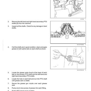 May include: Diagram illustrating the Power Take-Off (PTO) drive shaft check procedure. The image includes numbered steps with corresponding diagrams, detailing the removal, inspection, and maintenance of the PTO shaft components.