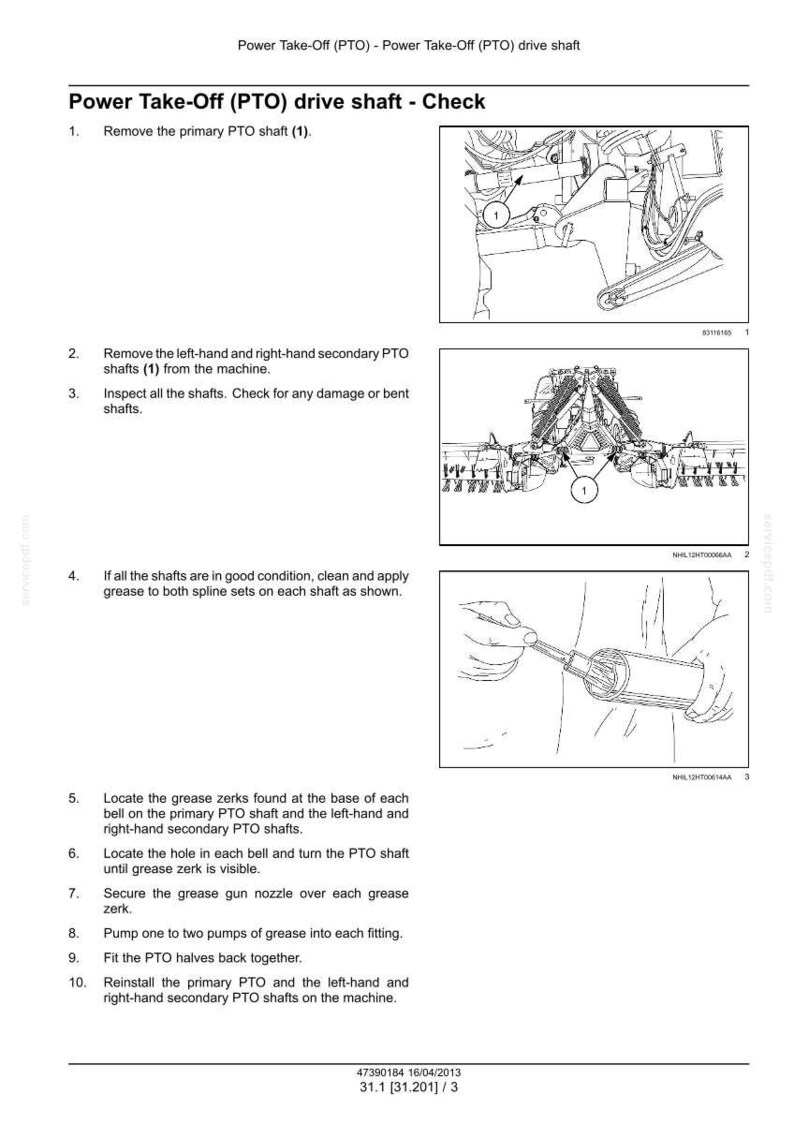 May include: Diagram illustrating the Power Take-Off (PTO) drive shaft check procedure. The image includes numbered steps with corresponding diagrams, detailing the removal, inspection, and maintenance of the PTO shaft components.
