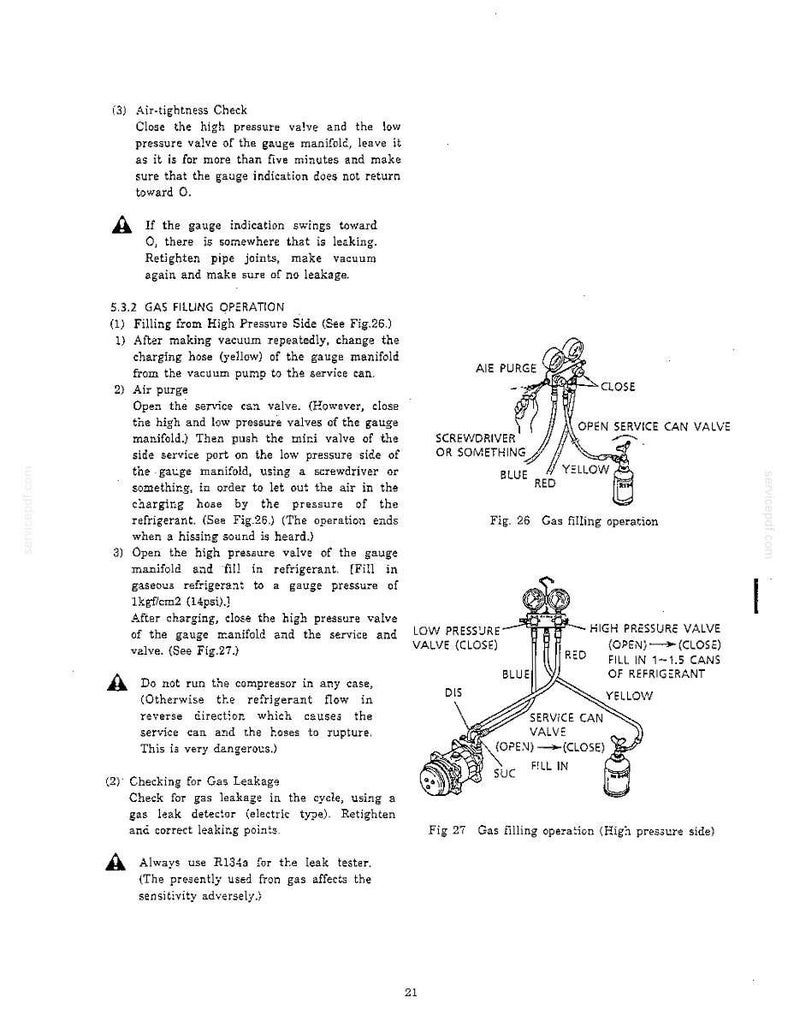 May include: A technical manual page detailing gas filling operations for a refrigeration system. It includes two diagrams labeled Fig. 26 and Fig. 27, showing a gauge manifold with blue, red, and yellow hoses connected to a service can and compressor.