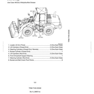 May include: Diagram of a Z-Bar linkage system with grease fittings, labeled for 100-hour maintenance. Includes a detailed illustration of a loader, with callouts for various components like lift cylinders and bucket pivots. Text includes "Use Case AKCELA Molydisulfide Grease."