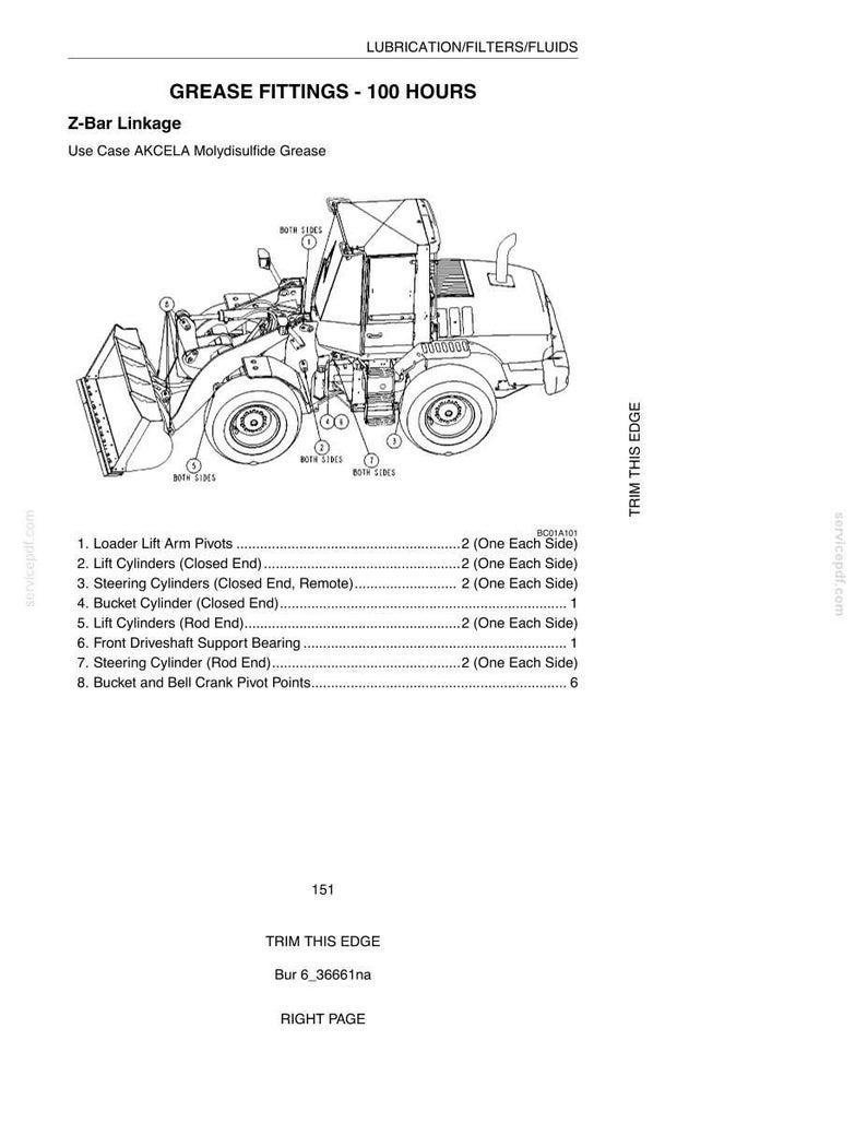 May include: Diagram of a Z-Bar linkage system with grease fittings, labeled for 100-hour maintenance. Includes a detailed illustration of a loader, with callouts for various components like lift cylinders and bucket pivots. Text includes "Use Case AKCELA Molydisulfide Grease."
