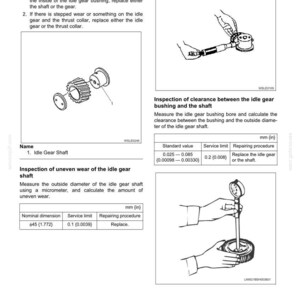 May include: Diagrams and text detailing engine mechanical inspection procedures. Includes illustrations of gear shafts, bushings, and measurement tools. Text includes nominal dimensions of 45 mm (1.772 in).
