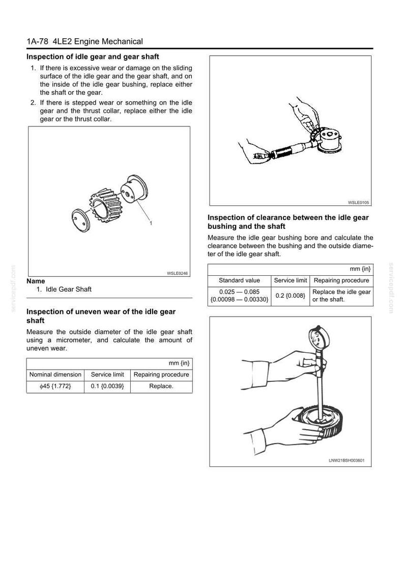 May include: Diagrams and text detailing engine mechanical inspection procedures. Includes illustrations of gear shafts, bushings, and measurement tools. Text includes nominal dimensions of 45 mm (1.772 in).