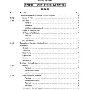 May include: A page from a manual titled "SECTION 10 - ENGINE" with a table of contents for engine systems. The table lists sections like "Engine Oil Filter," "Oil Pump," and "Radiator," with corresponding page numbers.