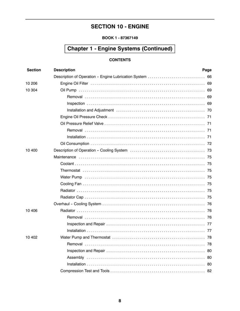 May include: A page from a manual titled "SECTION 10 - ENGINE" with a table of contents for engine systems. The table lists sections like "Engine Oil Filter," "Oil Pump," and "Radiator," with corresponding page numbers.