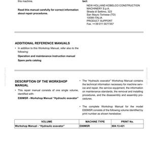 May include: A white and black workshop manual for a hydraulic excavator. The manual includes information on service, repair, and maintenance procedures. The manual is identified as E80MSR.