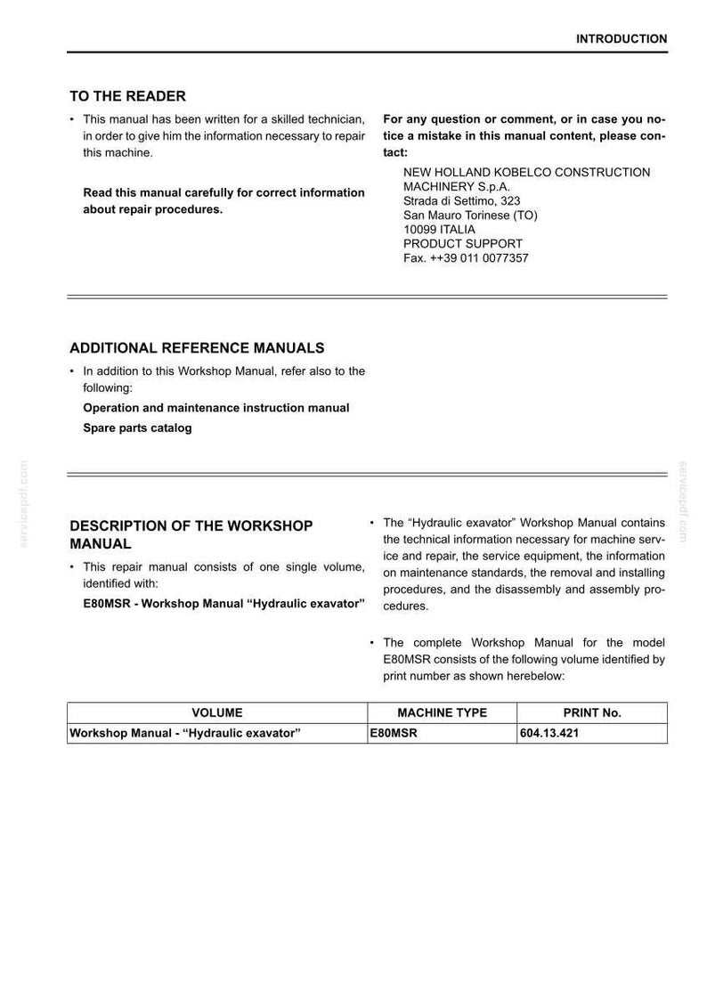 May include: A white and black workshop manual for a hydraulic excavator. The manual includes information on service, repair, and maintenance procedures. The manual is identified as E80MSR.