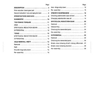 May include: A page from a manual with the title "SECTION 25 - FRONT AXLE - CHAPTER 1" and a table of contents. The text includes terms like "DIFFERENTIAL", "AXLE", and "REMOVAL". The bottom of the page has a safety instruction.
