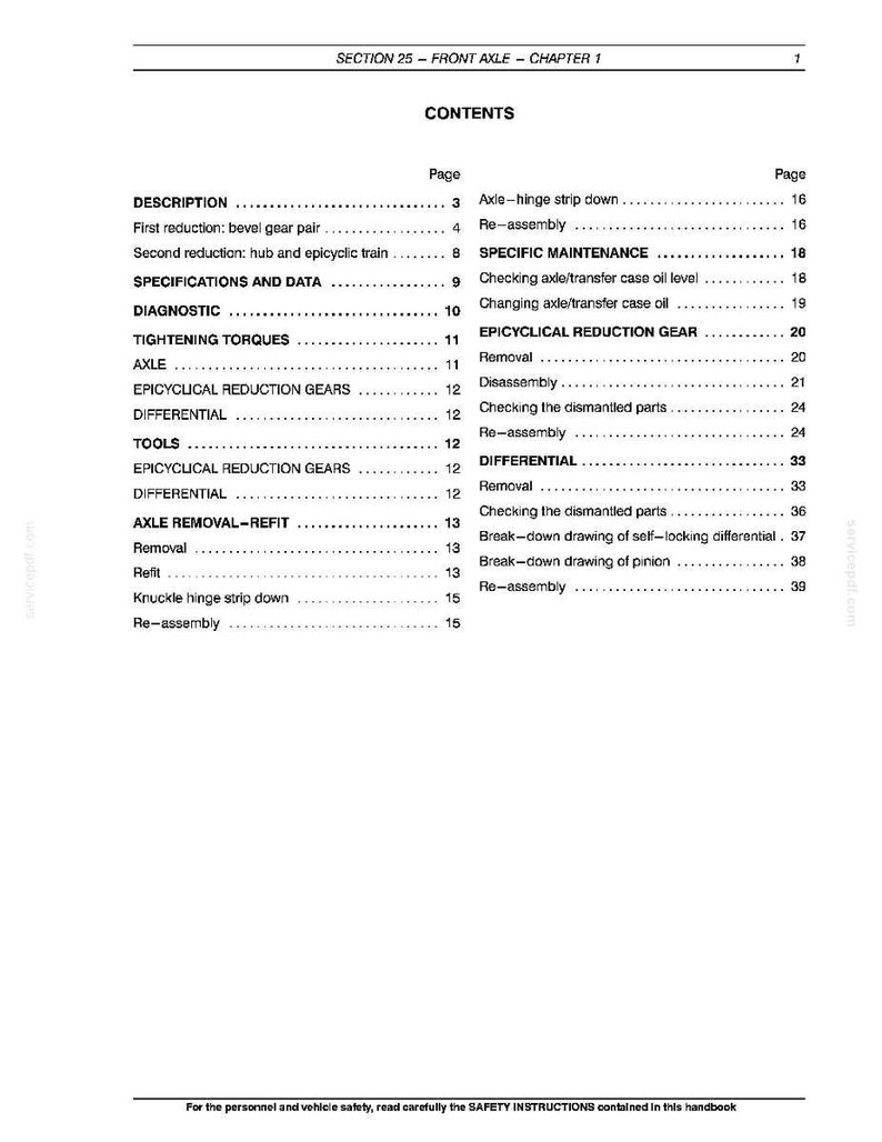 May include: A page from a manual with the title "SECTION 25 - FRONT AXLE - CHAPTER 1" and a table of contents. The text includes terms like "DIFFERENTIAL", "AXLE", and "REMOVAL". The bottom of the page has a safety instruction.
