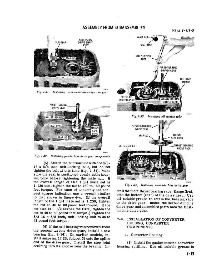 May include: Diagrams and instructions for assembling mechanical components, including gears, bearings, and bolts. The image shows detailed illustrations with labels and measurements in inches and pound-feet.