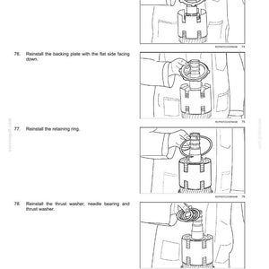 Pu&ograve; includere: Diagramma dei componenti interni della trasmissione Powershift. Istruzioni passo passo con illustrazioni per l'installazione di piastre separatore, piastre posteriori, anelli di tenuta e rondelle di spinta. Include testo e passaggi numerati.