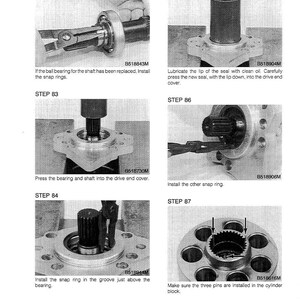 Peut inclure: S&eacute;rie d'&eacute;tapes d'assemblage m&eacute;canique avec texte. Les images montrent l'installation de roulements, de joints et d'anneaux &eacute;lastiques dans un composant m&eacute;canique. Le texte comprend des instructions telles que "Installer l'anneau &eacute;lastique" et "Lubrifier le bord du joint."