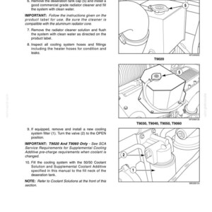 May include: A technical manual page titled 6000 HOUR MAINTENANCE containing instructions for cooling system care. It features three black and white line drawings showing a deaeration tank cap labeled 5, and a cooling system filter labeled 1 with a valve labeled 2.