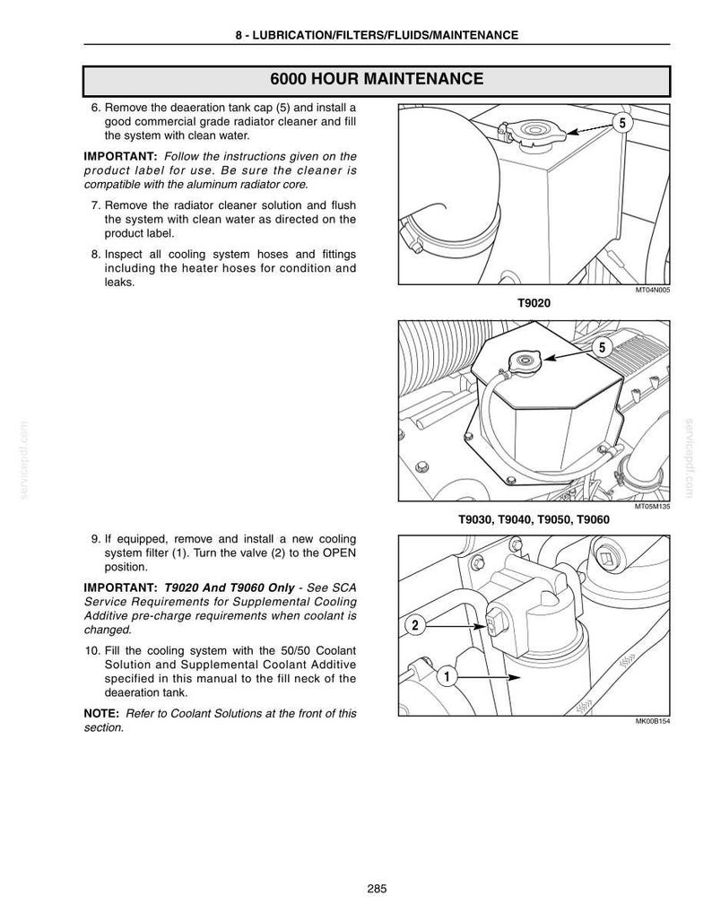 May include: A technical manual page titled 6000 HOUR MAINTENANCE containing instructions for cooling system care. It features three black and white line drawings showing a deaeration tank cap labeled 5, and a cooling system filter labeled 1 with a valve labeled 2.