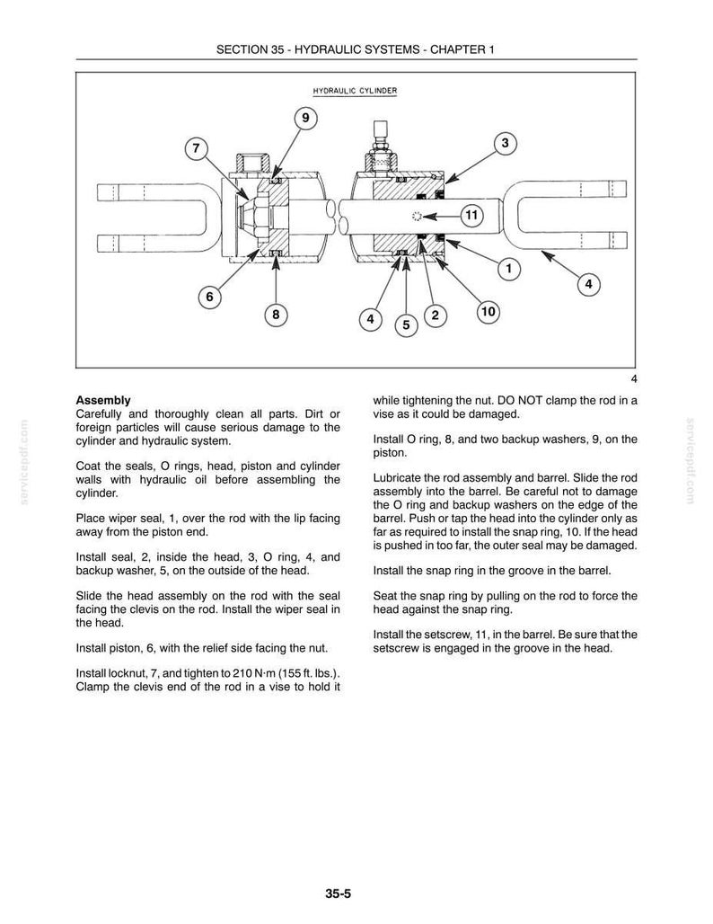 May include: A technical diagram titled SECTION 35 - HYDRAULIC SYSTEMS - CHAPTER 1 showing a cross-section of a hydraulic cylinder with numbered components from 1 to 11. The text provides assembly instructions, including a torque specification of 155 ft. lbs.