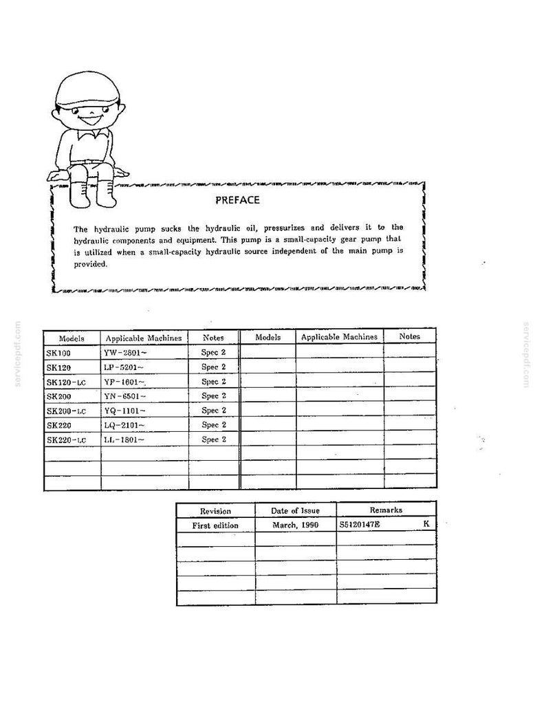 May include: A technical document page titled PREFACE featuring a cartoon character in a cap. It describes a small-capacity gear pump for hydraulic systems. Below is a table listing models SK100 through SK220-LC with applicable machines and a revision table dated March 1990.