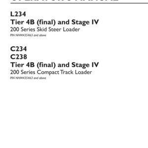 Pu&ograve; includere: Un manuale dell'operatore per attrezzature New Holland Construction, specificamente per la minipala L234 e le pale compatte cingolate C234 e C238. Il documento include le specifiche Tier 4B e Stage IV, numero di parte 48060531, datato agosto 2017.