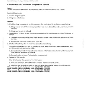 May include: A white document with black text detailing fault codes for an ATC 134 low-pressure switch. The document includes troubleshooting steps, possible failure modes, and wiring harness information. The document is for distribution systems.