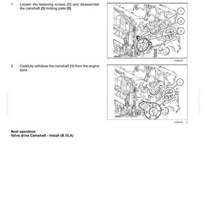May include: Diagram of an engine component removal process. The image shows detailed illustrations of removing a valve drive camshaft, with numbered components and instructions. Text includes "Valve drive Camshaft - Remove" and "Loosen the fastening screws".