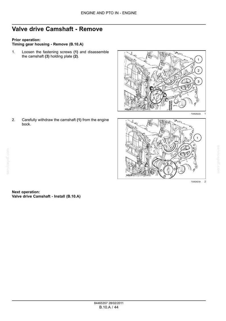 May include: Diagram of an engine component removal process. The image shows detailed illustrations of removing a valve drive camshaft, with numbered components and instructions. Text includes "Valve drive Camshaft - Remove" and "Loosen the fastening screws".