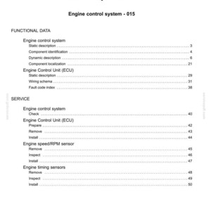 May include: A white document page with the title "Contents" and sections on electrical and engine control systems. The document includes a table of contents with page numbers for various topics.