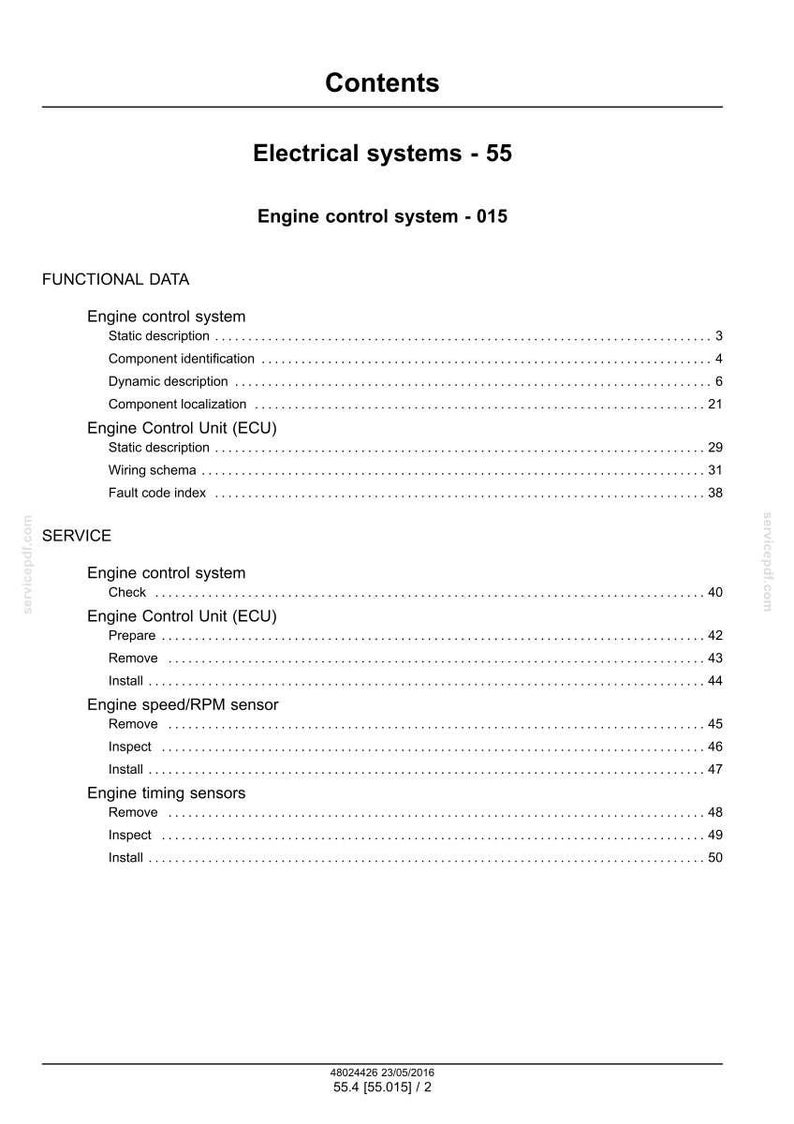 May include: A white document page with the title "Contents" and sections on electrical and engine control systems. The document includes a table of contents with page numbers for various topics.
