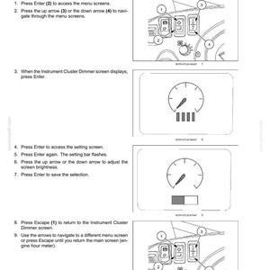 May include: Diagram illustrating the steps to adjust display brightness on a machine. Includes images of the control panel with numbered buttons and a screen displaying a gauge. Text instructions are provided.